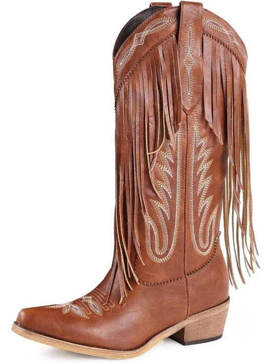 Shoes - Women's Fringe Brown Western Chunky Heel Knee High Pointed Toe Boot Embroidered